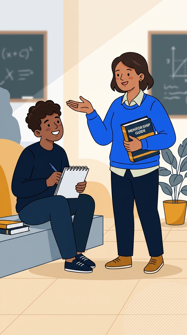 Cartoon illustration of a student mentor tutoring a classmate